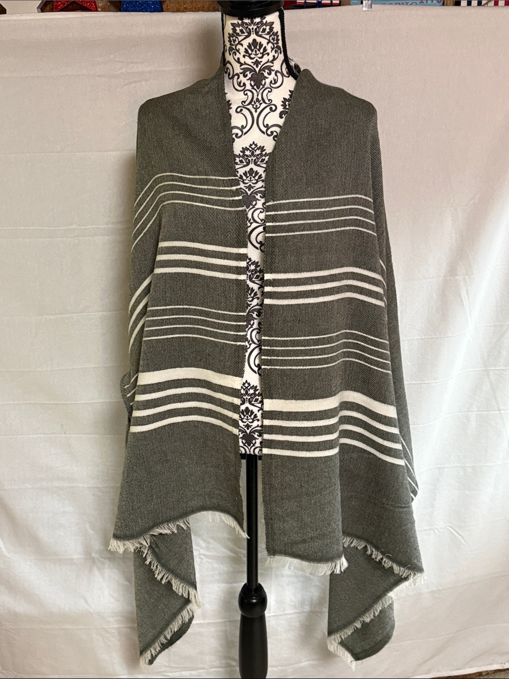 J Crew Striped Gray & Cream Wrap Shawl Poncho